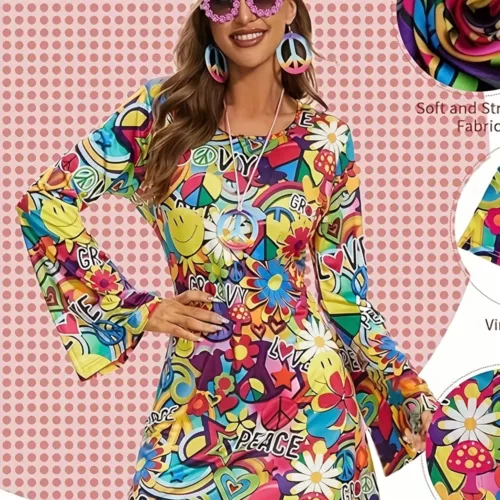 Robe hippie vintage à imprimé géométrique – manches évasées années 70