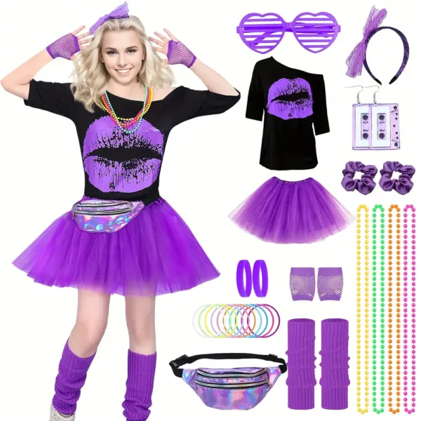 Déguisement femme années 80 – ensemble 29 pièces accessoires rétro fluo party