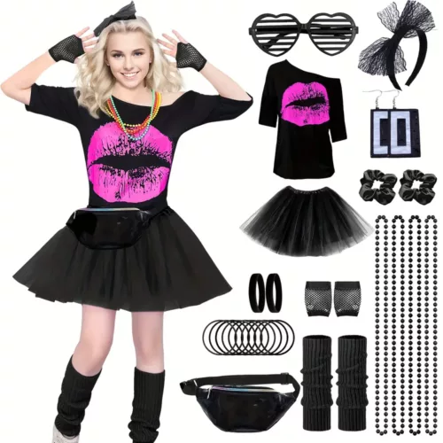 Déguisement femme années 80 – ensemble 29 pièces accessoires rétro fluo party