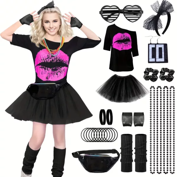 Déguisement femme années 80 – ensemble 29 pièces accessoires rétro fluo party