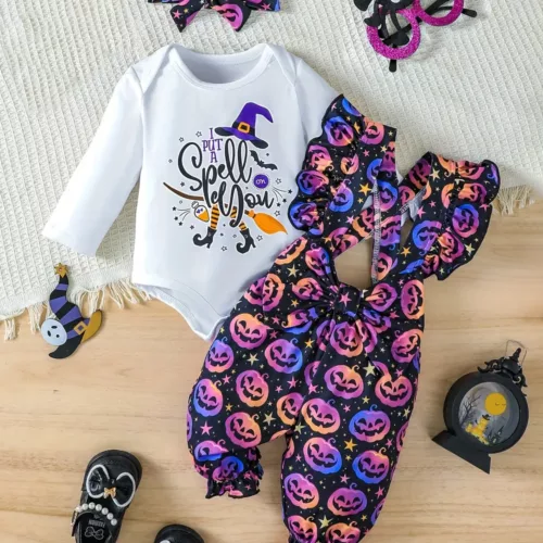 Ensemble 3 pièces bébé fille Halloween – barboteuse, bandeau et combinaison imprimés sorcière et citrouille