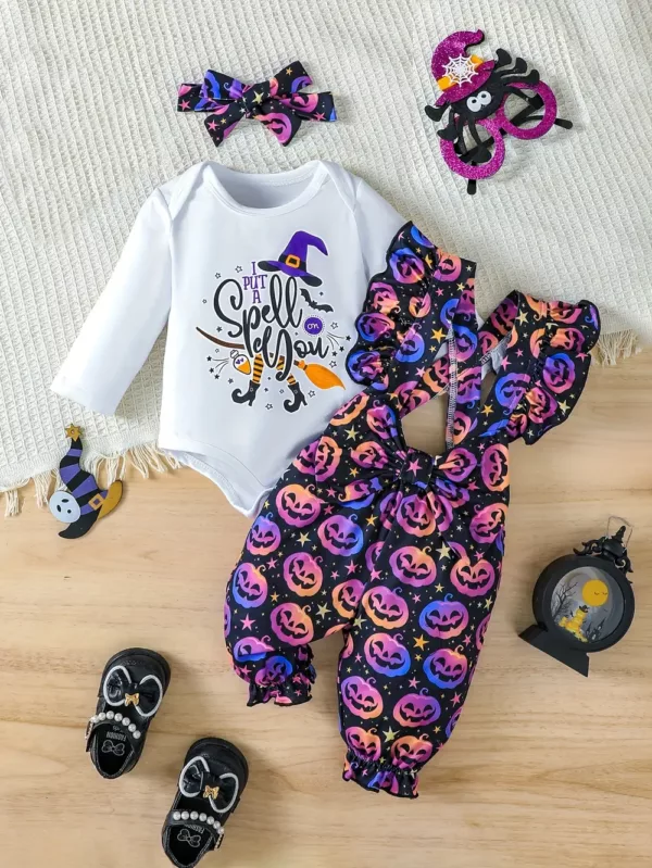 Ensemble 3 pièces bébé fille Halloween – barboteuse, bandeau et combinaison imprimés sorcière et citrouille
