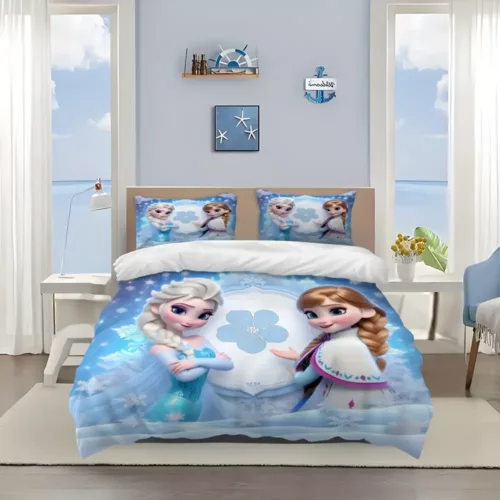 Parure de lit 3 pièces motif Reine des Neiges – housse douce + 2 taies