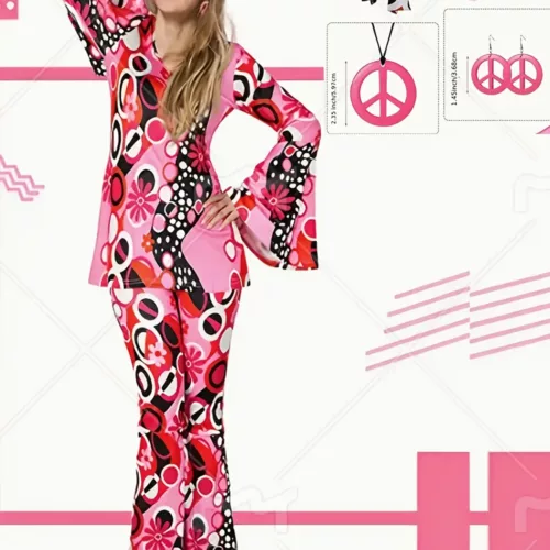 Déguisement hippie rétro 70s pour adulte – ensemble 5 pièces à motif psychédélique