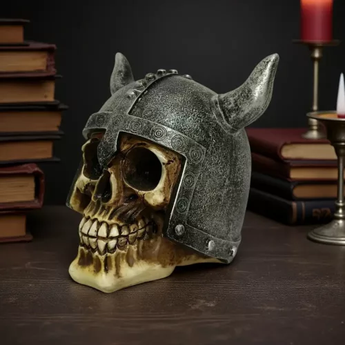 Sculpture crâne viking décoratif – design casque à cornes style médiéval