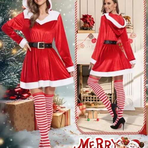 Robe de Noël femme à capuche style cosplay – velours rouge avec fausse fourrure