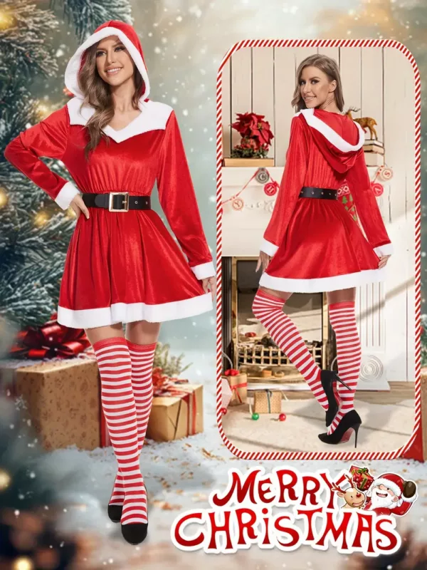 Robe de Noël femme à capuche style cosplay – velours rouge avec fausse fourrure