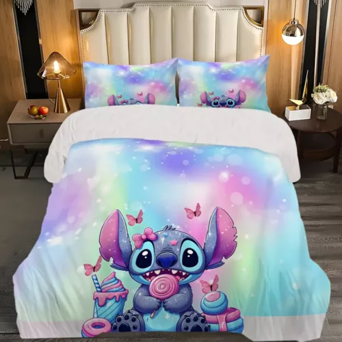 Parure de lit 3 pièces motif Lilo & Stitch – housse de couette et taies d’oreiller