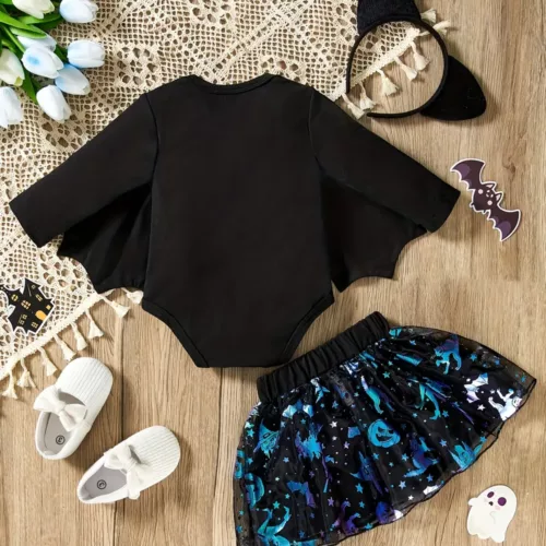 Ensemble Halloween bébé fille 3 pièces – body imprimé, jupe pailletée et bandeau