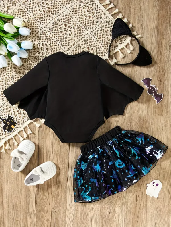 Ensemble Halloween bébé fille 3 pièces – body imprimé, jupe pailletée et bandeau