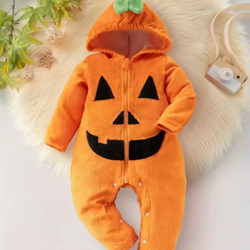 Barboteuse bébé Halloween en peluche à capuche citrouille avec tige 3D