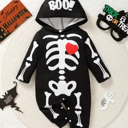 Combinaison garçon à capuche avec imprimé crâne mignon – manches longues coton