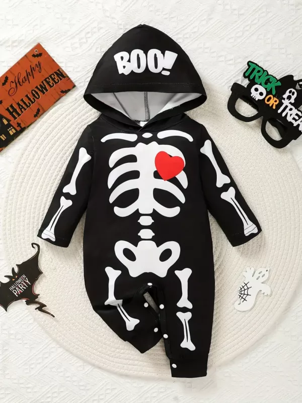 Combinaison garçon à capuche avec imprimé crâne mignon – manches longues coton