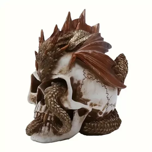 Statue crâne en résine style dragon – décor gothique pour collection ou bureau