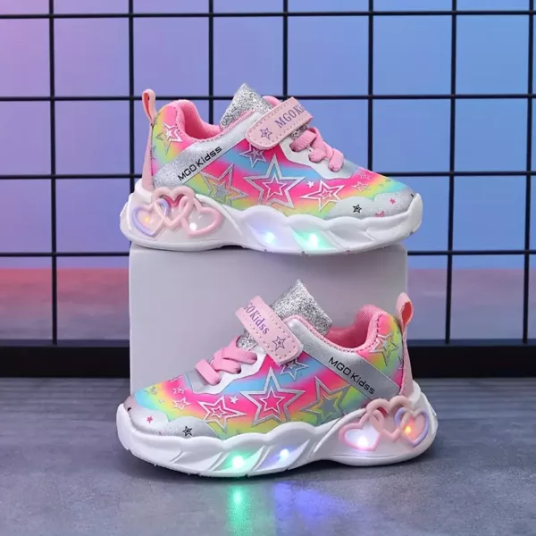 Baskets LED fille à paillettes – motifs étoiles et cœurs, confort respirant