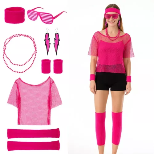 Déguisement femme années 80 – haut néon en maille style rétro avec accessoires