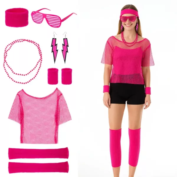Déguisement femme années 80 – haut néon en maille style rétro avec accessoires