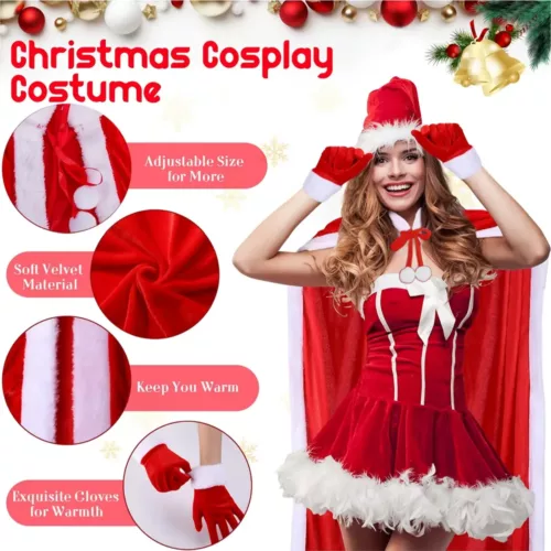 Ensemble accessoires Père Noël femme – cape à capuche, chapeau et gants