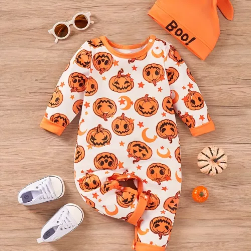 Barboteuse bébé Halloween – body manches longues motif citrouille et étoiles