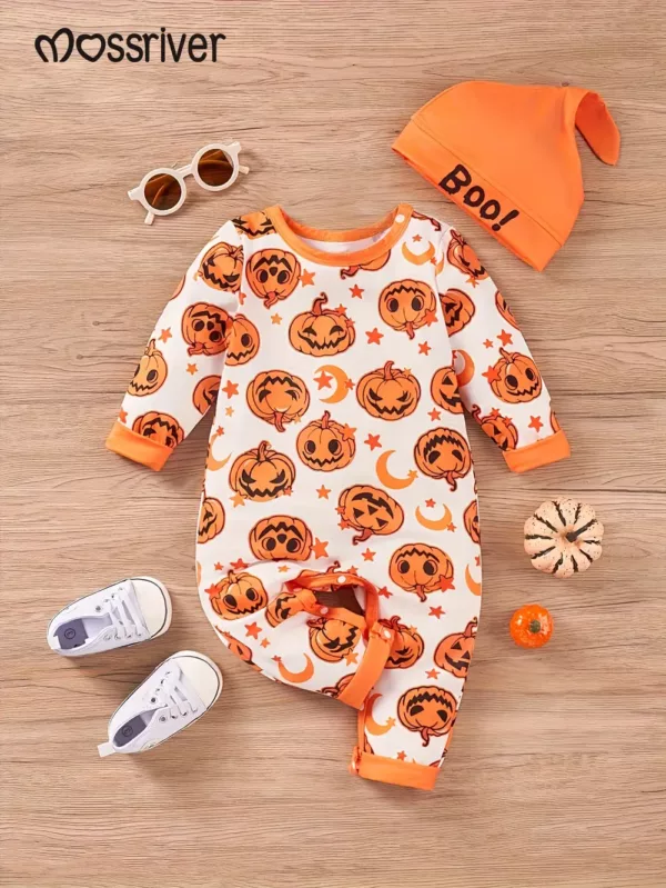 Barboteuse bébé Halloween – body manches longues motif citrouille et étoiles