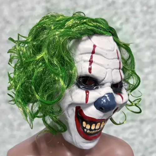 Masque clown effrayant en latex avec cheveux verts – accessoire Halloween adulte