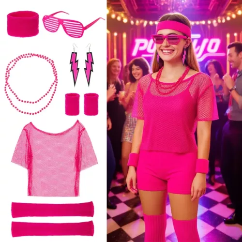 Déguisement femme années 80 – haut néon en maille style rétro avec accessoires