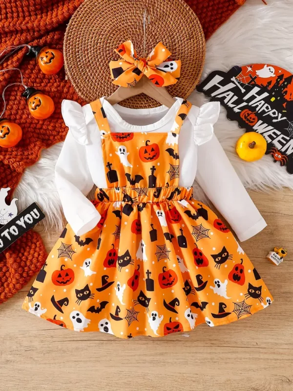 Tenue Halloween bébé fille – body citrouille avec jupe en tulle et foulard assorti