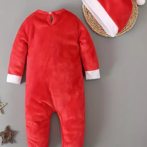 Costume de Noël bébé en velours rouge avec bonnet – tenue festive douce