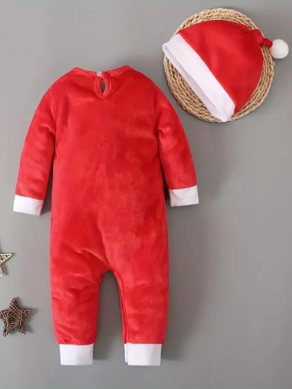 Costume de Noël bébé en velours rouge avec bonnet – tenue festive douce