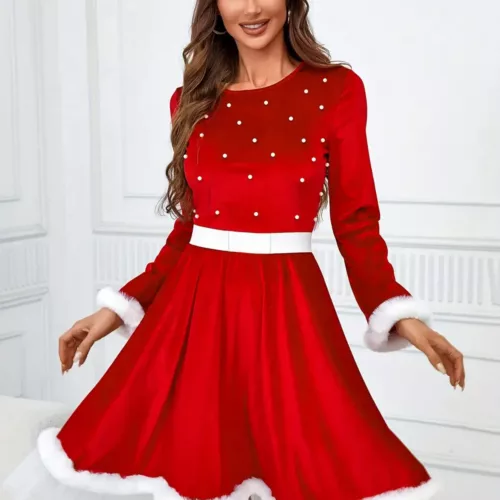 Robe de Noël femme style Père Noël – col rond, manches longues, fausse fourrure