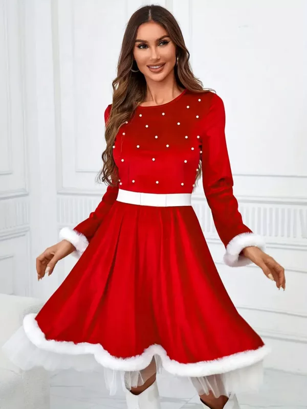 Robe de Noël femme style Père Noël – col rond, manches longues, fausse fourrure