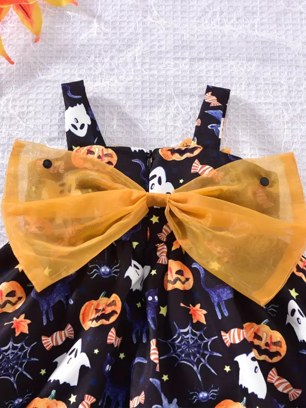 Robe bébé fille Halloween – citrouille imprimée avec chapeau de sorcière assorti