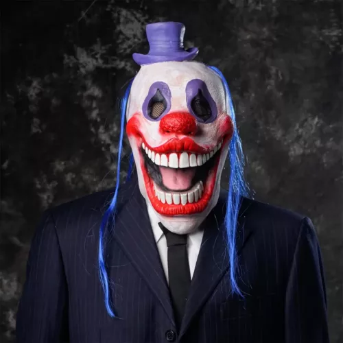 Masque de clown effrayant avec chapeau et perruque – déguisement Halloween réaliste