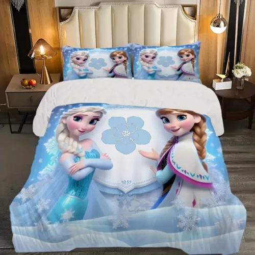 Parure de lit 3 pièces motif Reine des Neiges – housse douce + 2 taies