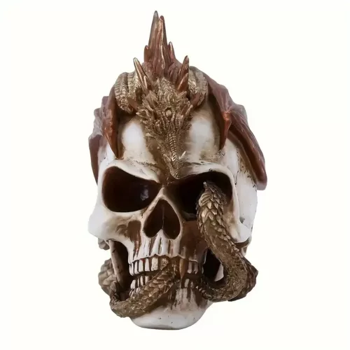 Statue crâne en résine style dragon – décor gothique pour collection ou bureau