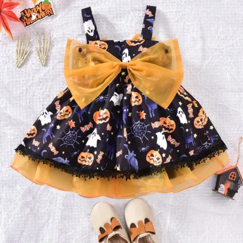 Robe bébé fille Halloween – citrouille imprimée avec chapeau de sorcière assorti