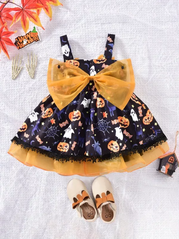 Robe bébé fille Halloween – citrouille imprimée avec chapeau de sorcière assorti