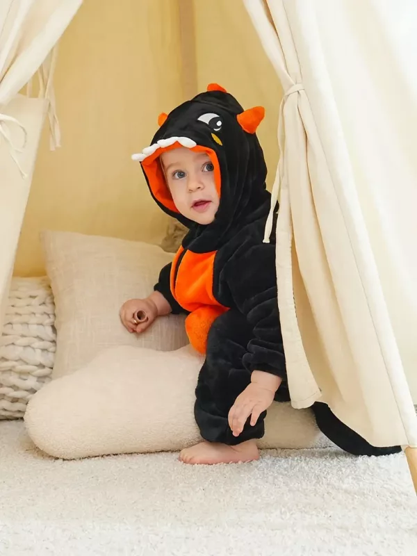 Grenouillère bébé à capuche dinosaure motif citrouille – polaire douce