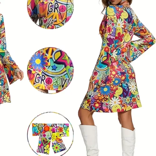 Robe hippie vintage à imprimé géométrique – manches évasées années 70