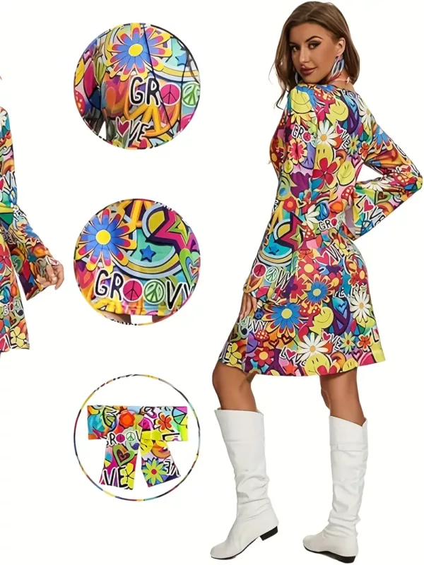 Robe hippie vintage à imprimé géométrique – manches évasées années 70