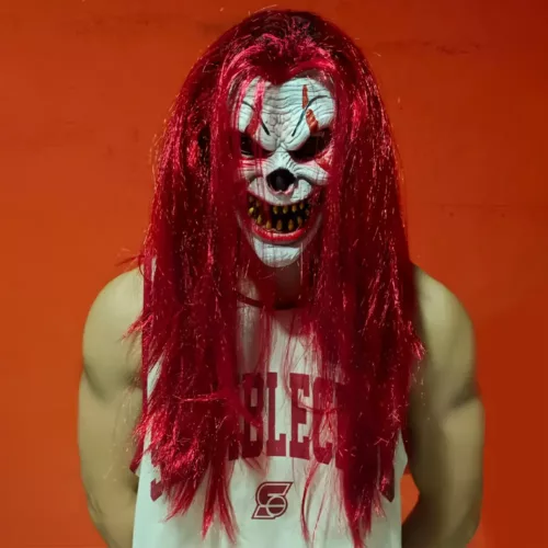 Masque de clown réaliste avec cheveux ondulés – latex effrayant pour Halloween