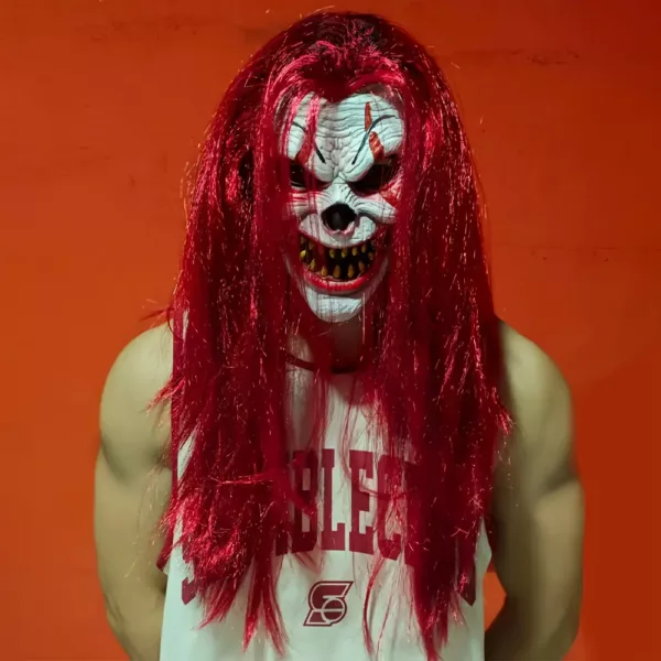 Masque de clown réaliste avec cheveux ondulés – latex effrayant pour Halloween