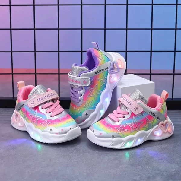 Baskets LED fille à paillettes – motifs étoiles et cœurs, confort respirant