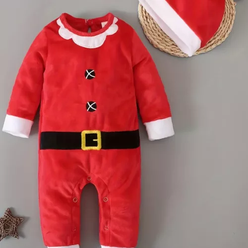 Costume de Noël bébé en velours rouge avec bonnet – tenue festive douce