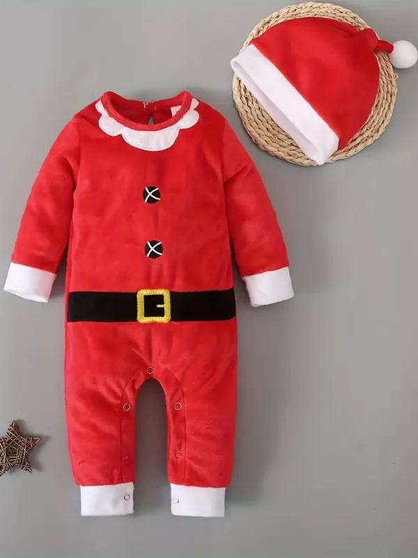 Costume de Noël bébé en velours rouge avec bonnet – tenue festive douce