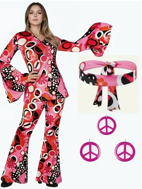Déguisement hippie rétro 70s pour adulte – ensemble 5 pièces à motif psychédélique