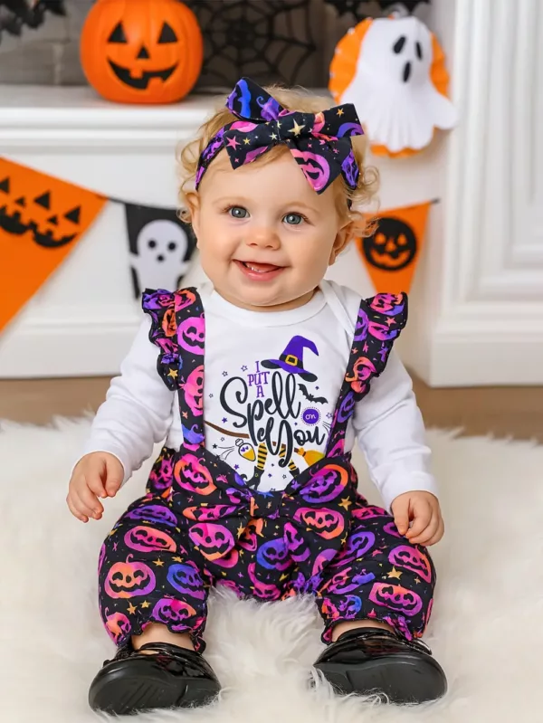 Ensemble 3 pièces bébé fille Halloween – barboteuse, bandeau et combinaison imprimés sorcière et citrouille