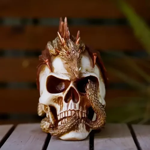 Statue crâne en résine style dragon – décor gothique pour collection ou bureau