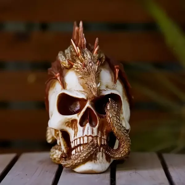 Statue crâne en résine style dragon – décor gothique pour collection ou bureau
