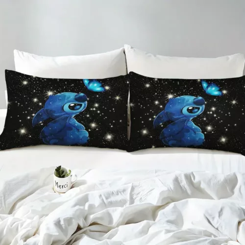 Parure de lit Stitch 3 pièces en polyester doux avec taies et housse zippée